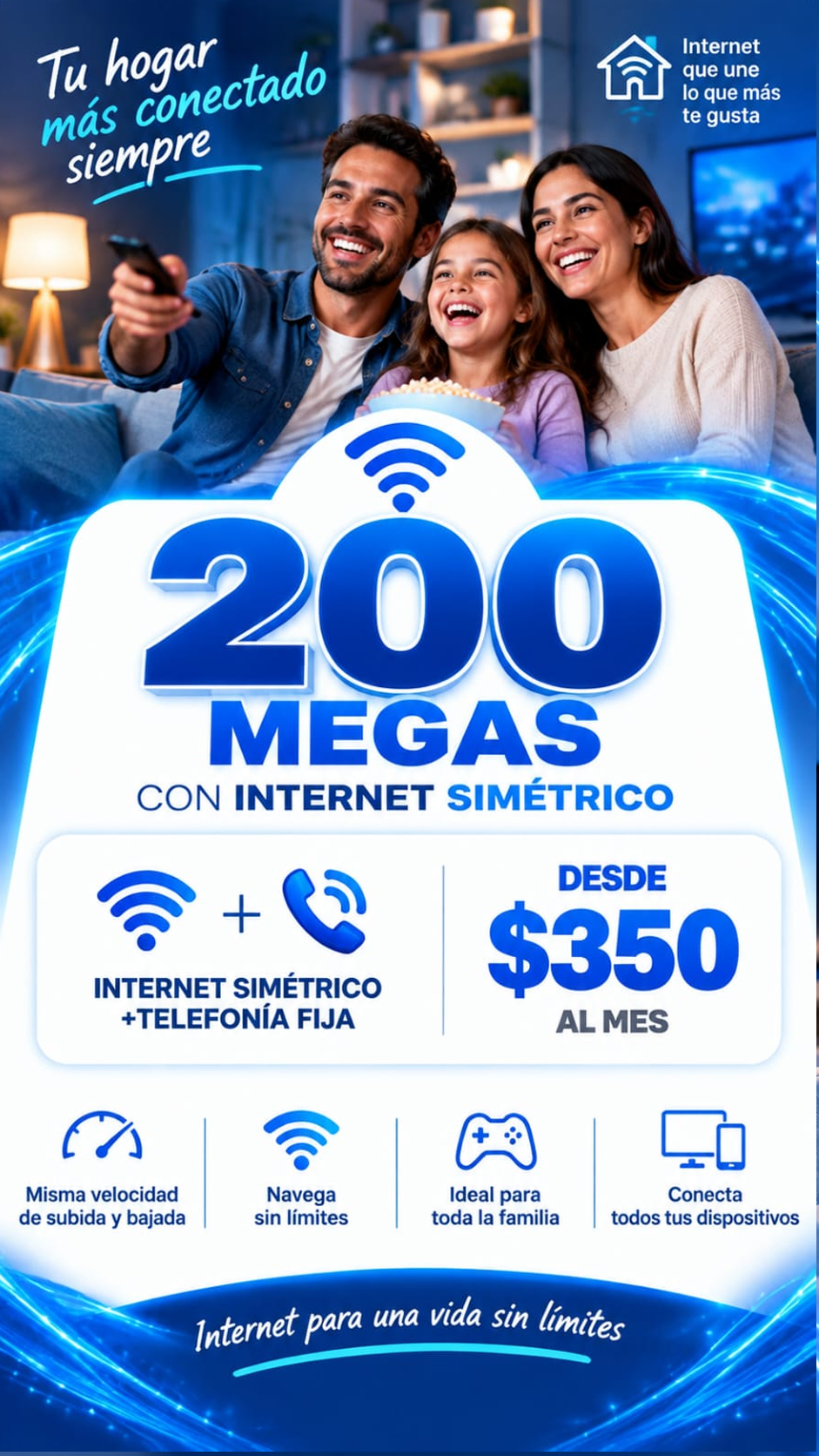 Internet simétrico de 200 megas: desde $350 para cliente nuevo; con Netflix $430 al mes por 3 meses.