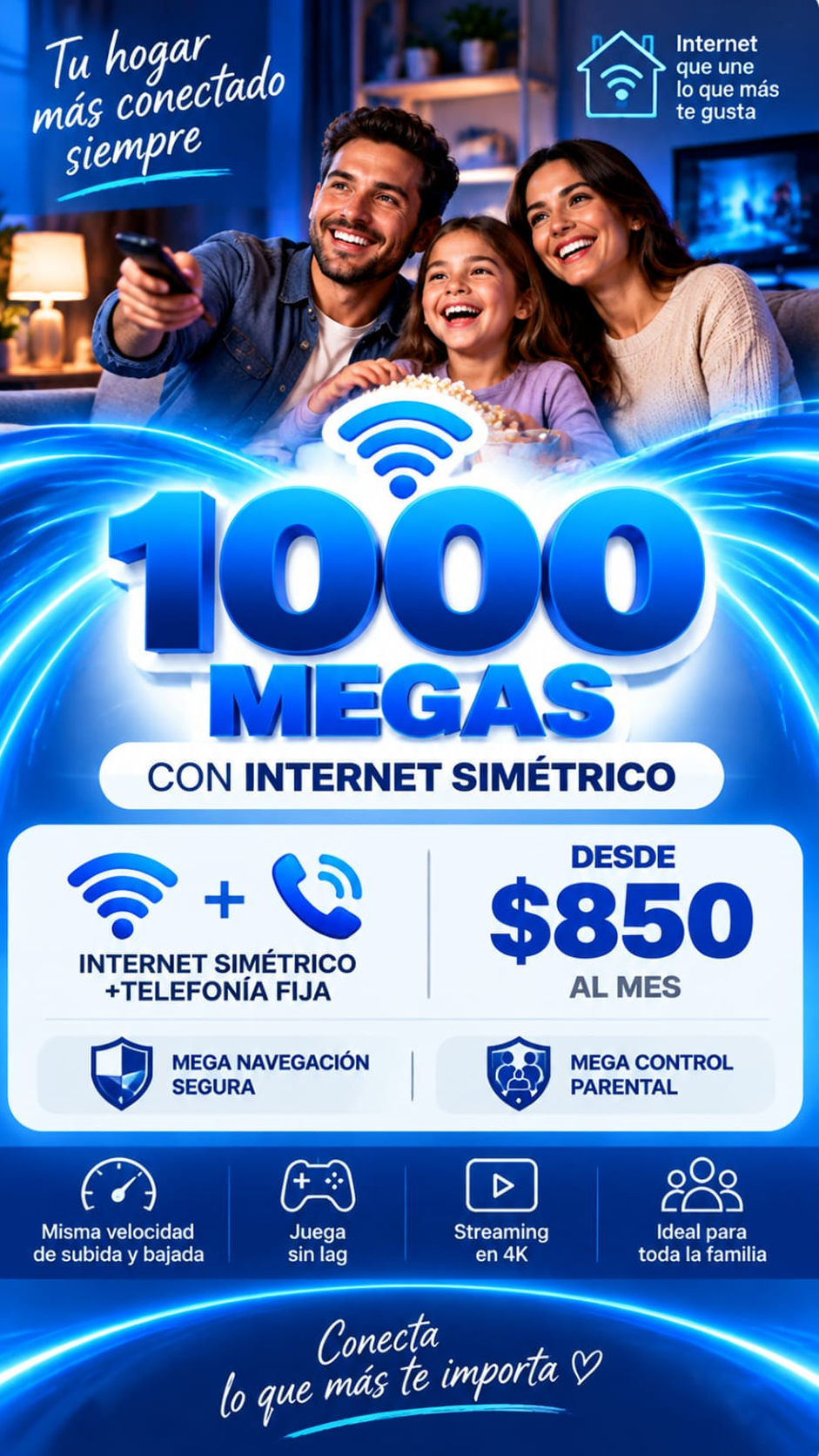 Internet simétrico de 1000 megas con extensor Wifi Ultra: $850 para cliente nuevo; con Netflix $930 al mes por 3 meses.