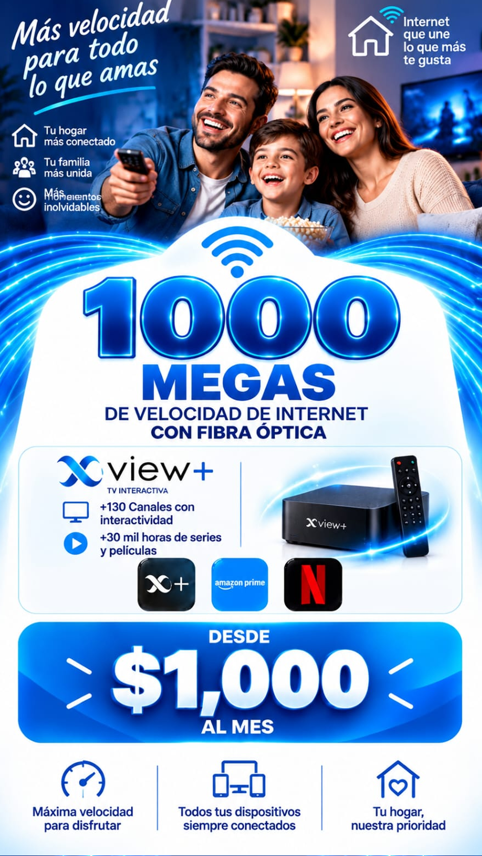 1000 megas, 2 TV con 120 canales, telefonía ilimitada, extensor MESH, Prime Video y Max: $1000 al mes.